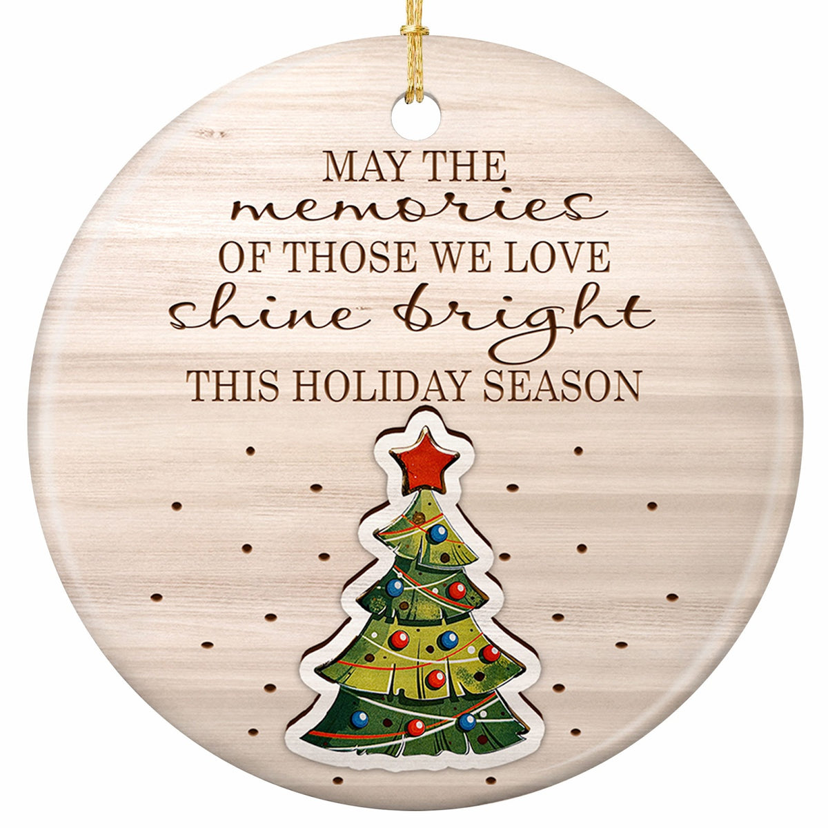 Five Lines of Remembrance on Bleached Woodgrain Above a Folk Art Tree With a Red Star. Ceramic Keepsake.