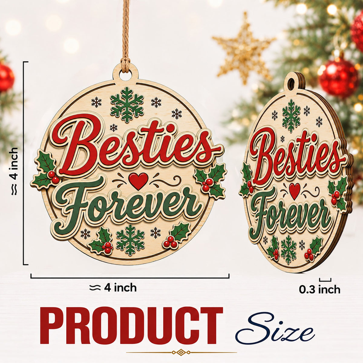 Bestie Forever Christmas Ornament, Friendship Stocking Stuffer, Wood Hanging Tree Decoration