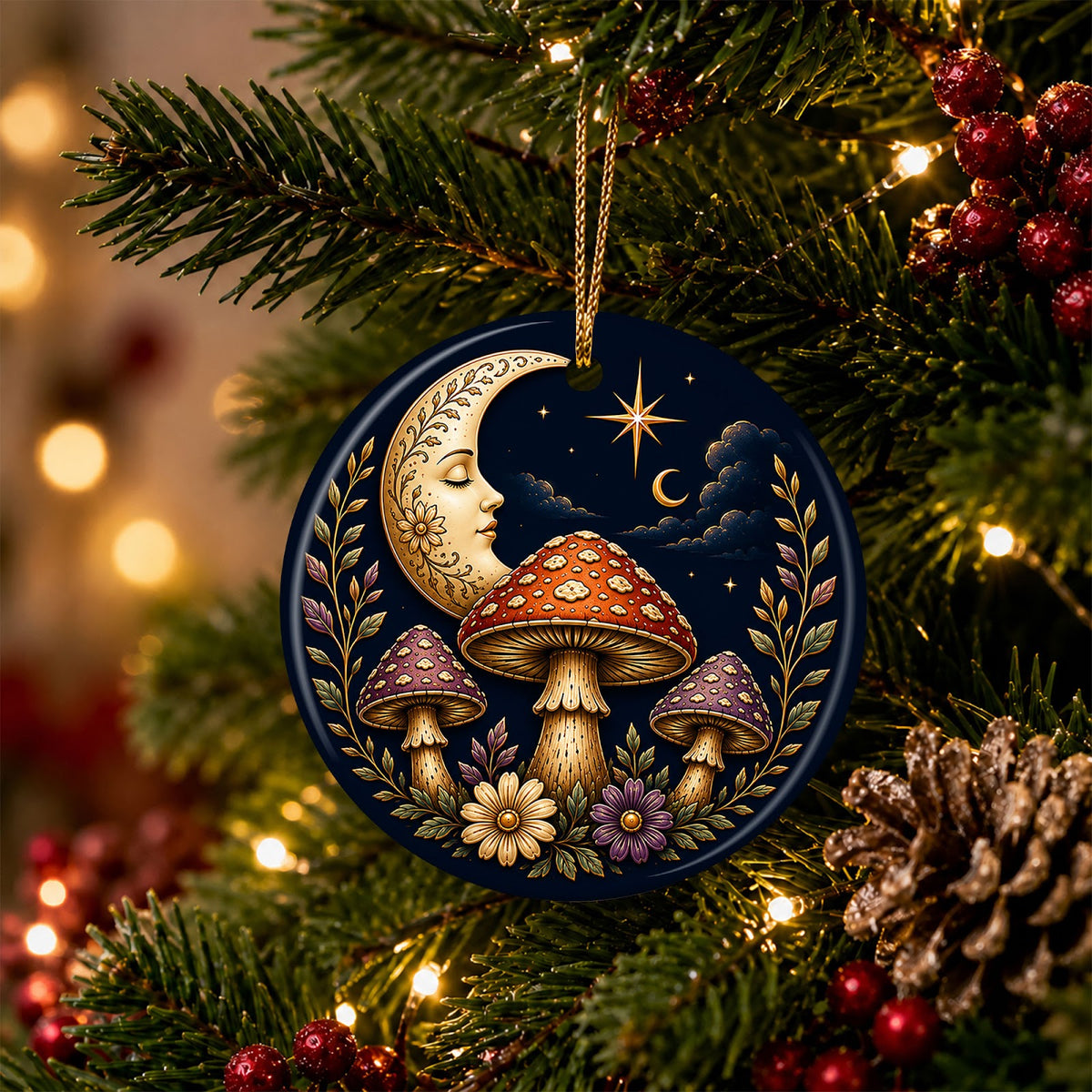 Mushroom and Moon Christmas Ornament, Cottagecore Woodland Gift, Ceramic Tree Decoration