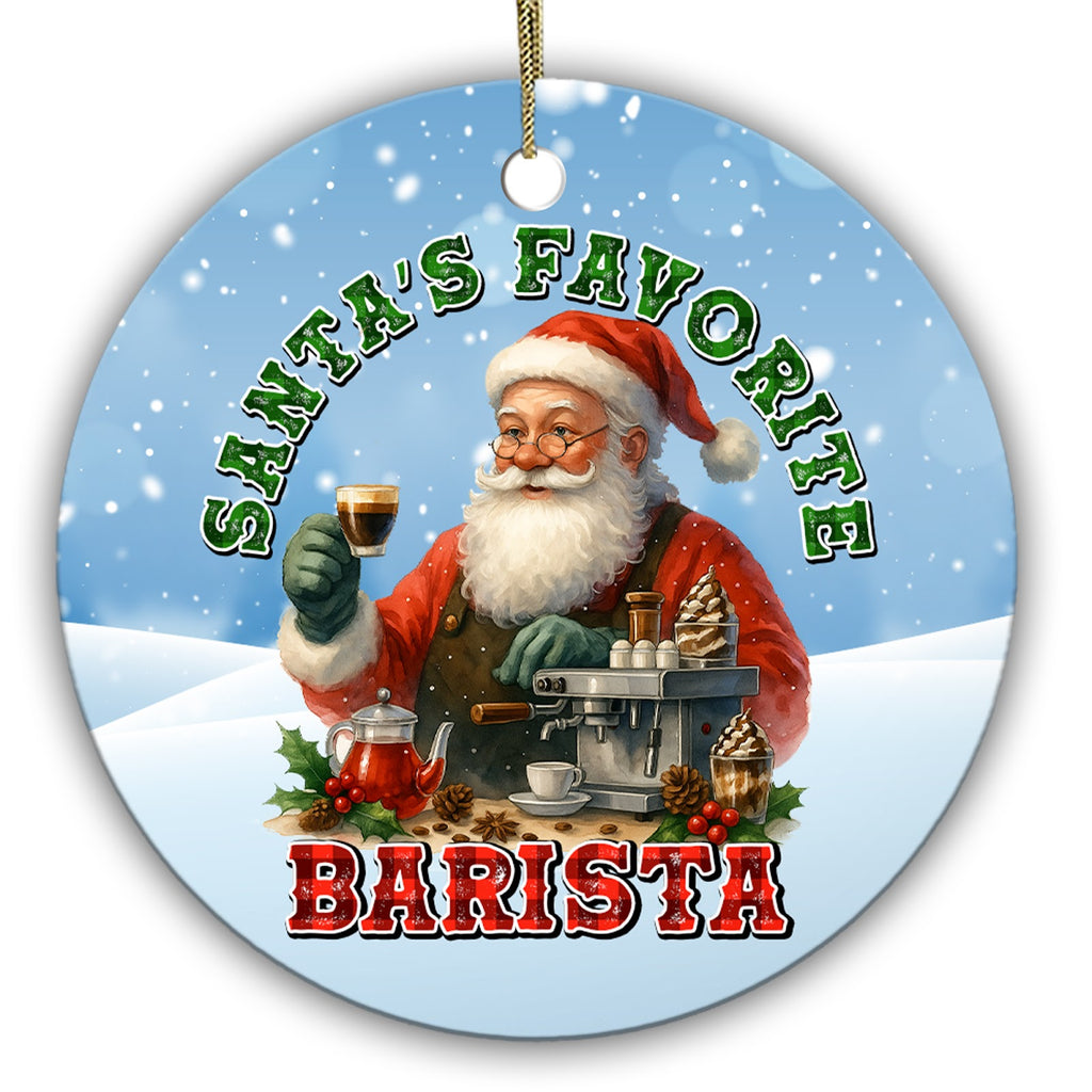 Santa Behind an Espresso Machine Raising a Layered Shot. Ceramic Keepsake for Baristas and Cafe Staff.