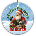 Santa Behind an Espresso Machine Raising a Layered Shot. Ceramic Keepsake for Baristas and Cafe Staff.