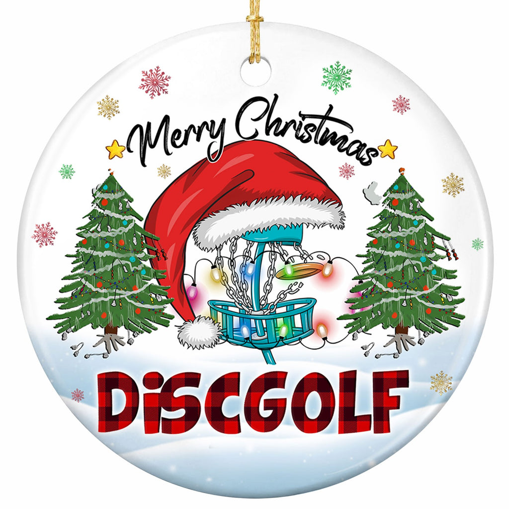 A Teal Chain Basket in a Santa Hat With a Disc Tucked in the Chains. Ceramic Keepsake for Disc Golfers.