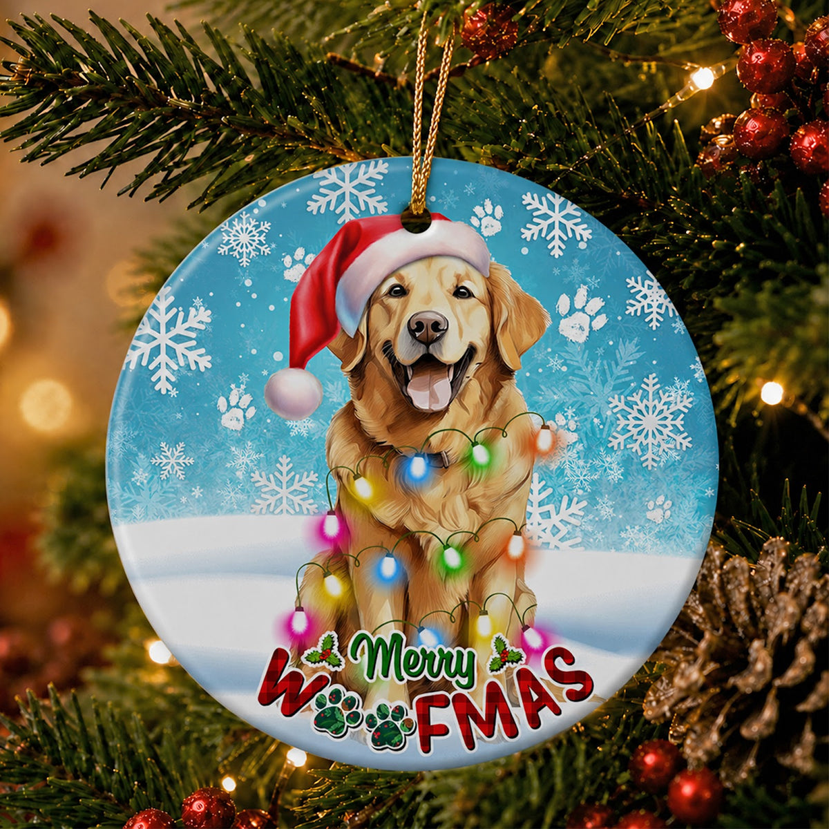 Golden Retriever Christmas Ornament, Merry Woofmas Dog Lover Gift, Ceramic Tree Decoration