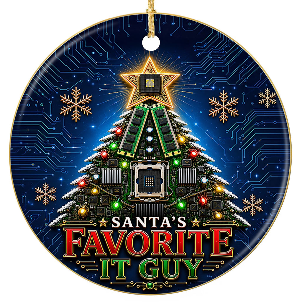 A Christmas tree built from circuit boards. Glazed ceramic keepsake for IT technicians, sysadmins and help desk staff.