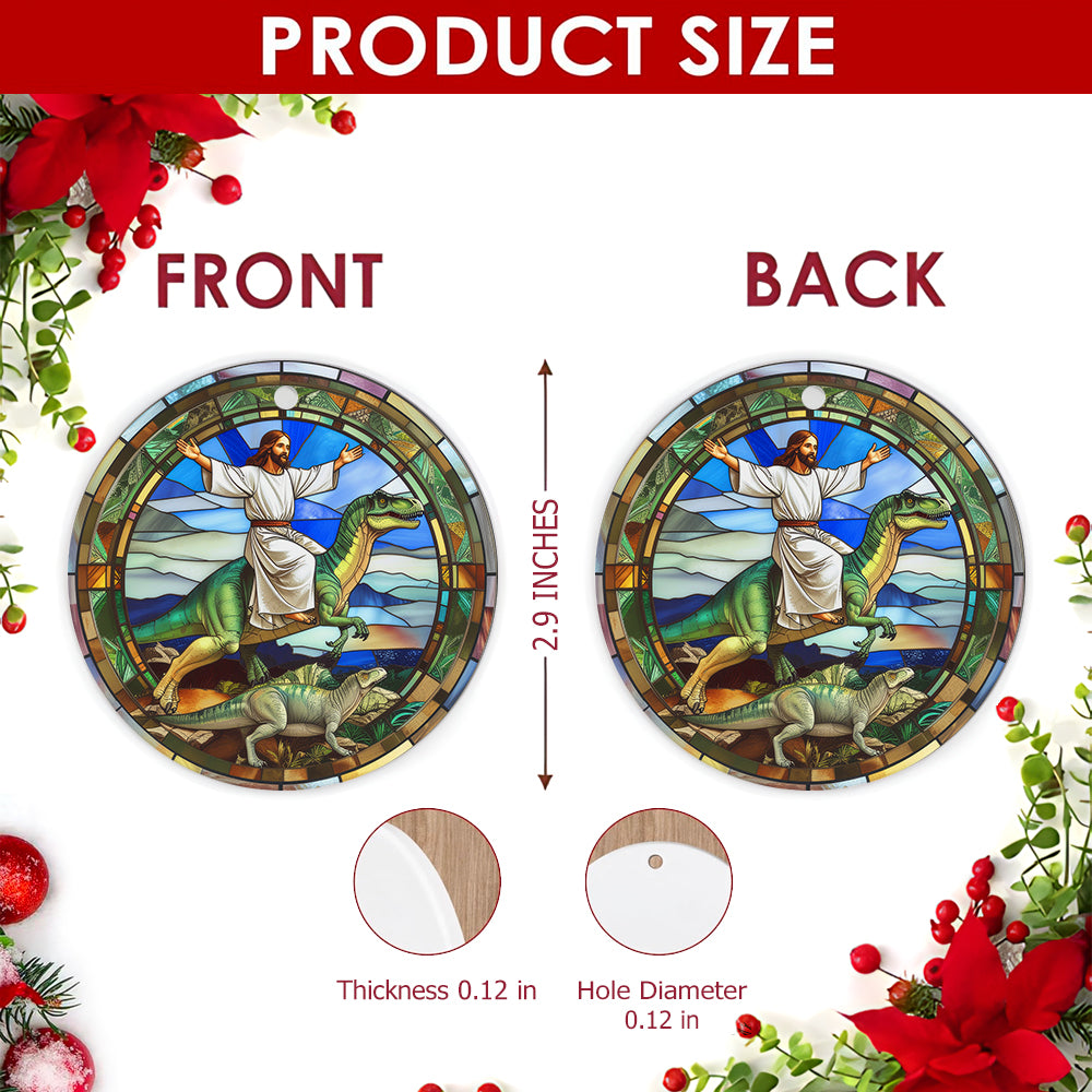 Dinosaur Christmas Ornament, Stained Glass Faith Novelty Gift, Ceramic Hanging Tree Decoration