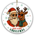 Santa and His Reindeer Posing in Dark Sunglasses. Ceramic Gag Keepsake for Irreverent Adult Gift Swaps.
