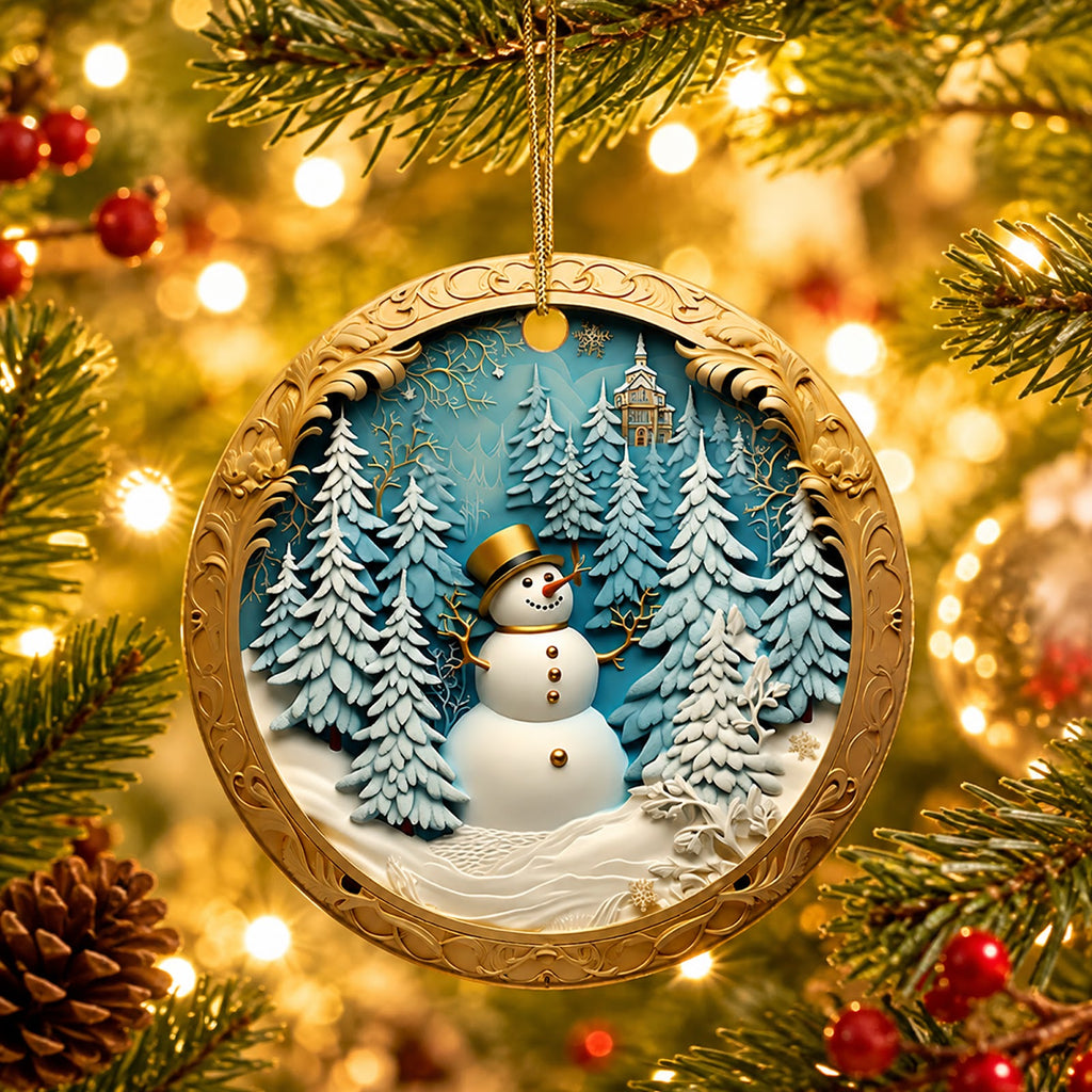 Snowman Christmas Ornament, Carved 3D Winter Scene Gift, Ceramic Hanging Tree Decoration