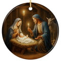 Kneeling Mother in a White Headscarf Beside a Swaddled Infant in a Straw Manger. Ceramic Faith Keepsake.