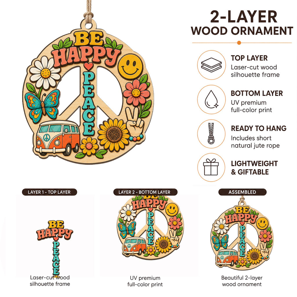 Hippie Peace Love Boho Retro Christmas Ornament, Boho Peace Keepsake, Wood Tree Decoration