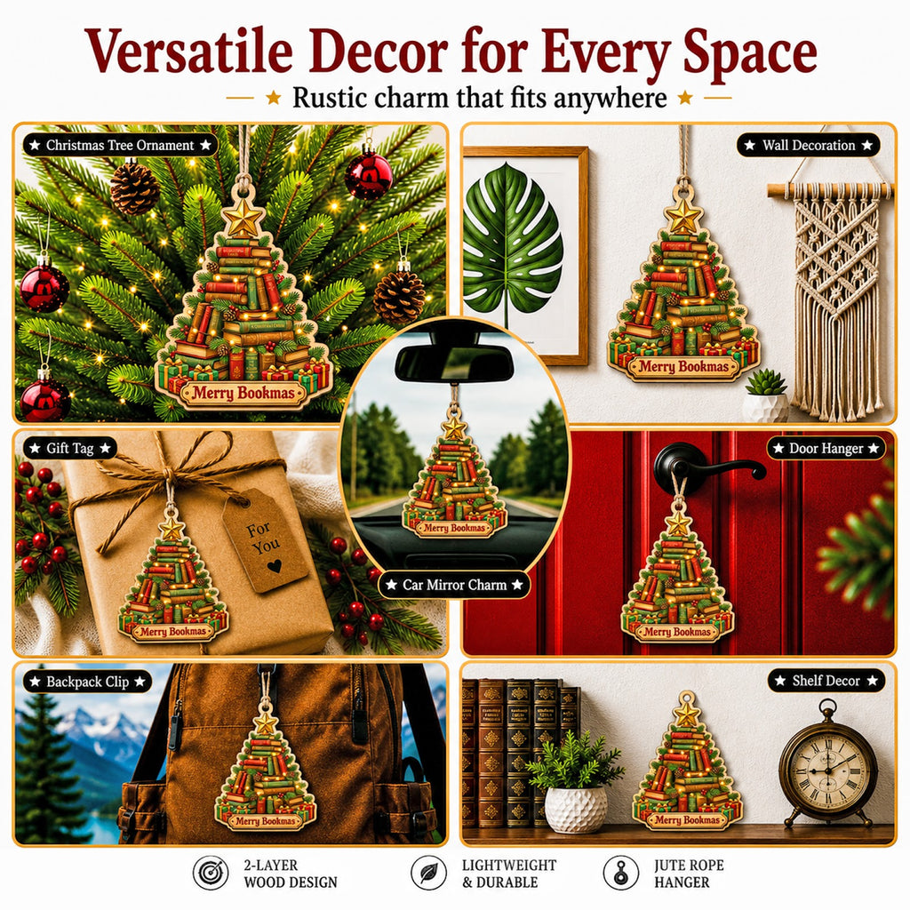 Book Tree Reader Library Lover Christmas Ornament, Reading Lover Keepsake, Wood Tree Decoration