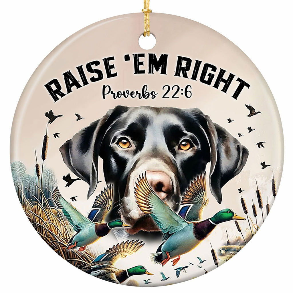 Black Lab Facing Forward With Mallards Flying Past Golden Cattails. Ceramic Keepsake for Waterfowl Hunters.