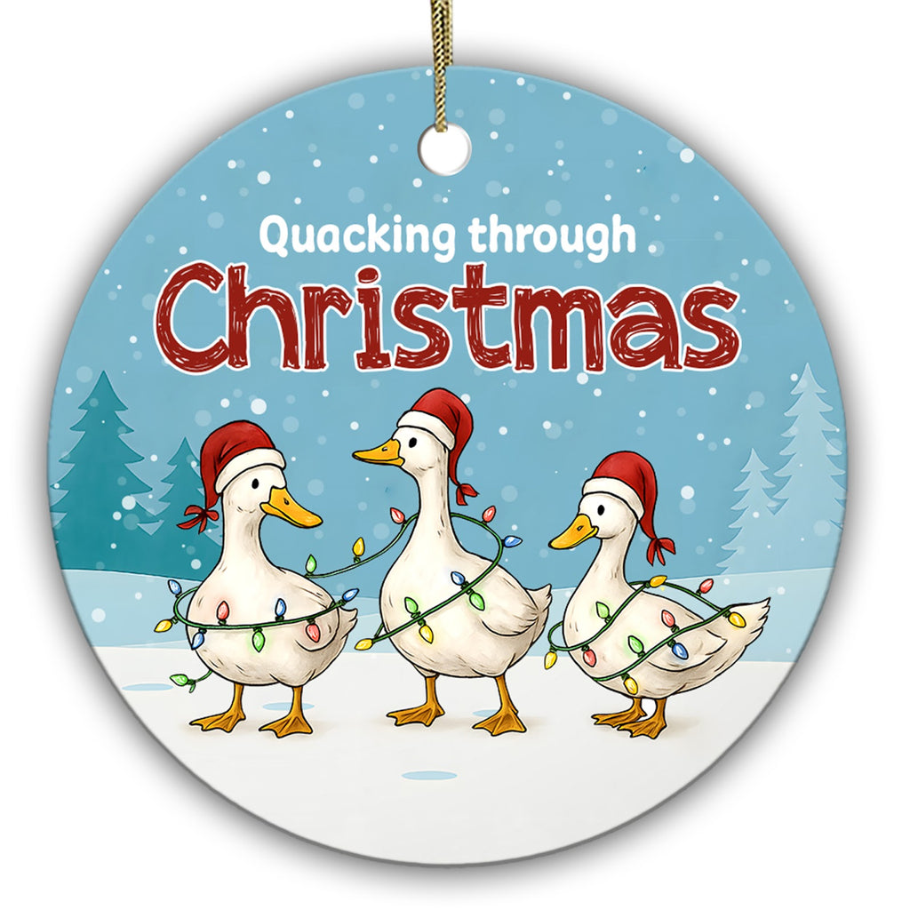 Three Ducks in Santa Hats Wound Together in One Strand of Lights. Ceramic Keepsake for Duck Keepers.