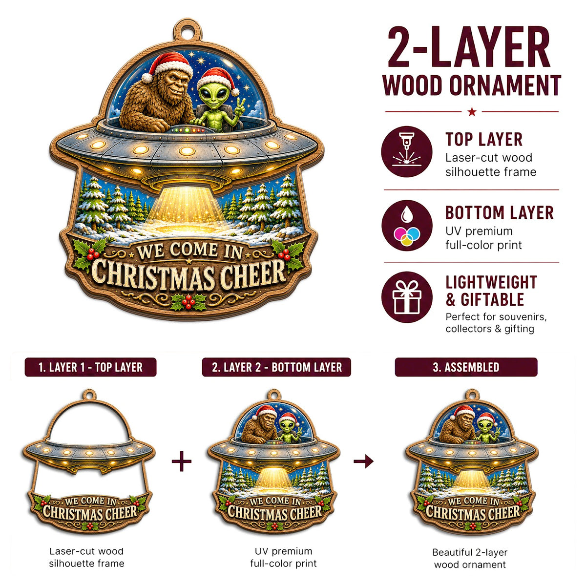 Bigfoot Believe Sasquatch Christmas Ornament, Stocking Stuffer For Sasquatch Fan, Wood Ornament