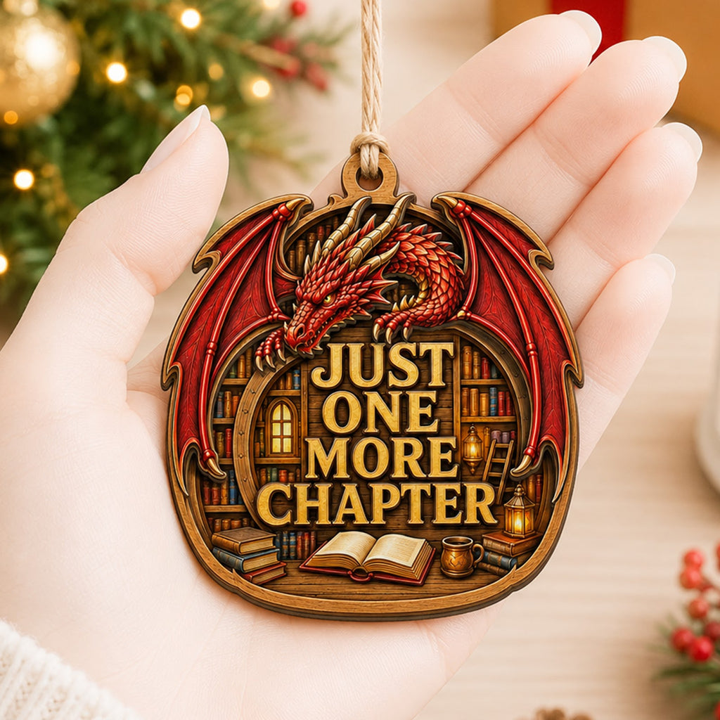 Red Flying Book Dragon Fantasy Christmas Ornament, Flying Dragon Keepsake, Wood Tree Decoration