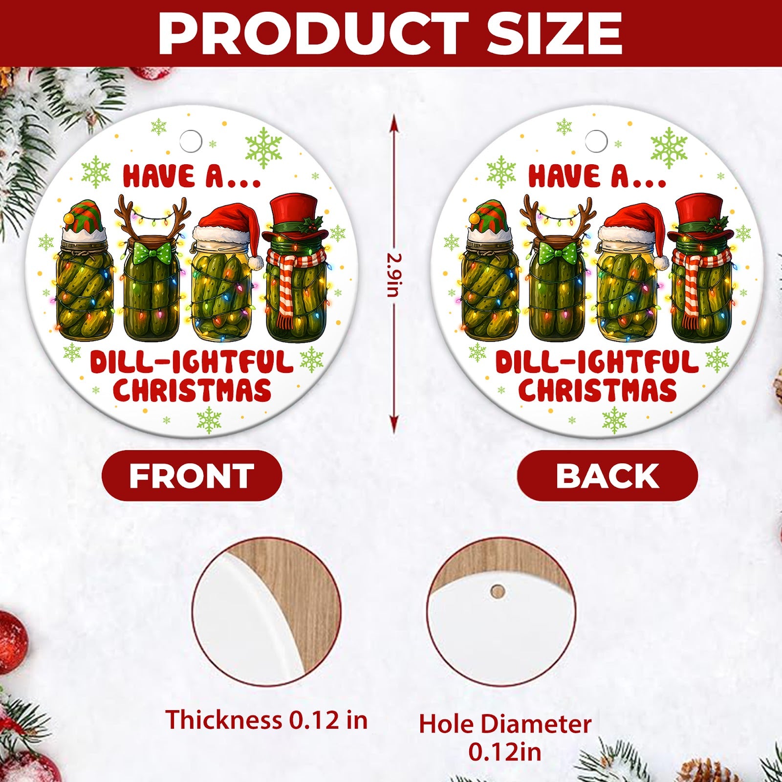 Pickle Christmas Ornament, Funny Dill Jar Foodie Gift, Ceramic Hanging Tree Decoration