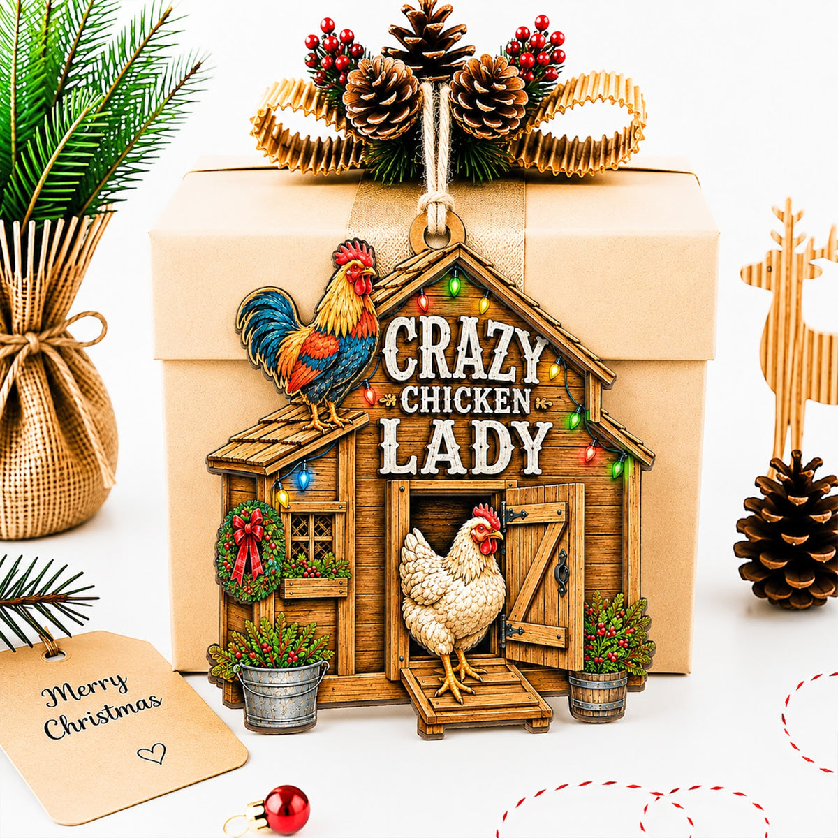 Crazy Chicken Lady Christmas Ornament, Funny Stocking Stuffer For Chicken Lady, Wood Ornament