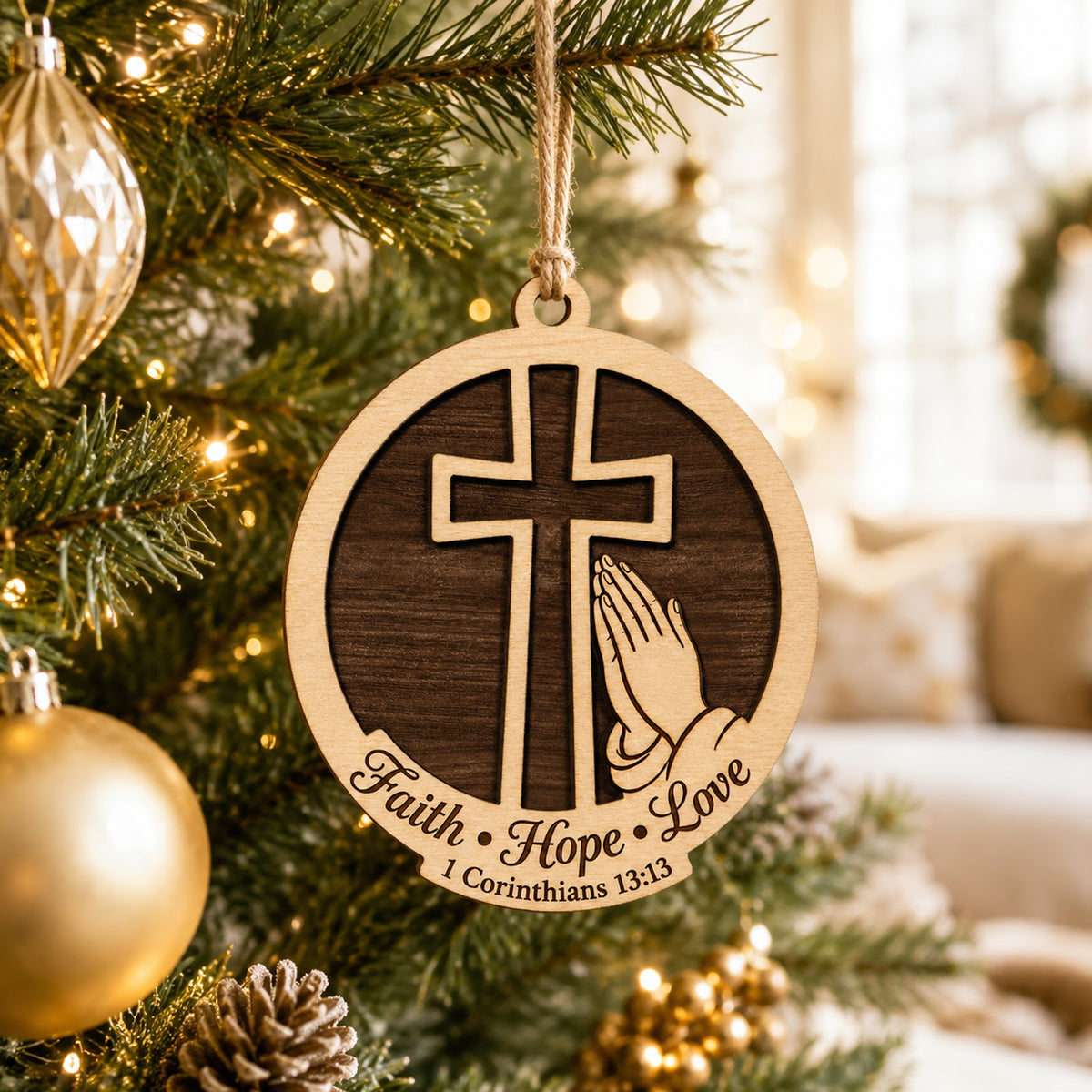 Faith Hope Love Christmas Ornament, Christian Holiday Gift, Wood Hanging Tree Decoration
