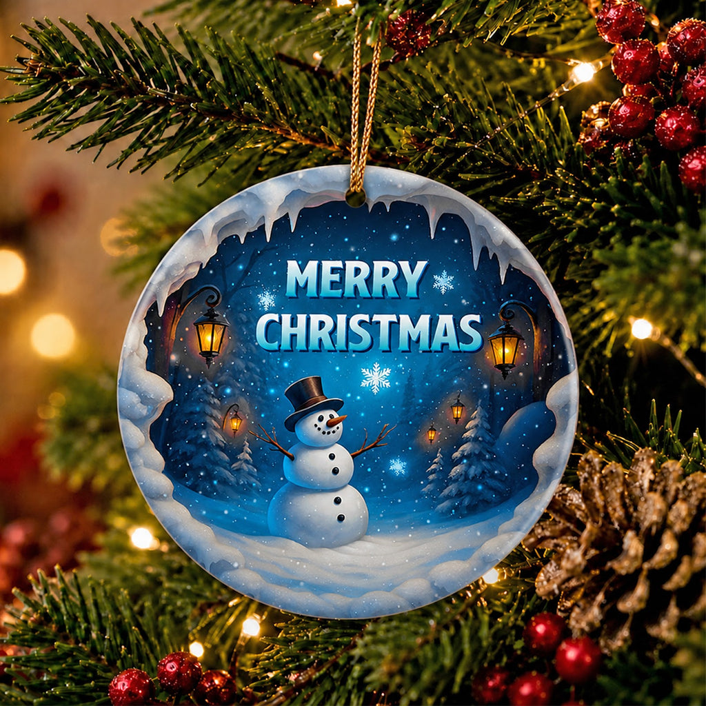 Snowman Christmas Ornament, Top Hat Icy Grotto Classic Gift, Ceramic Hanging Tree Decoration