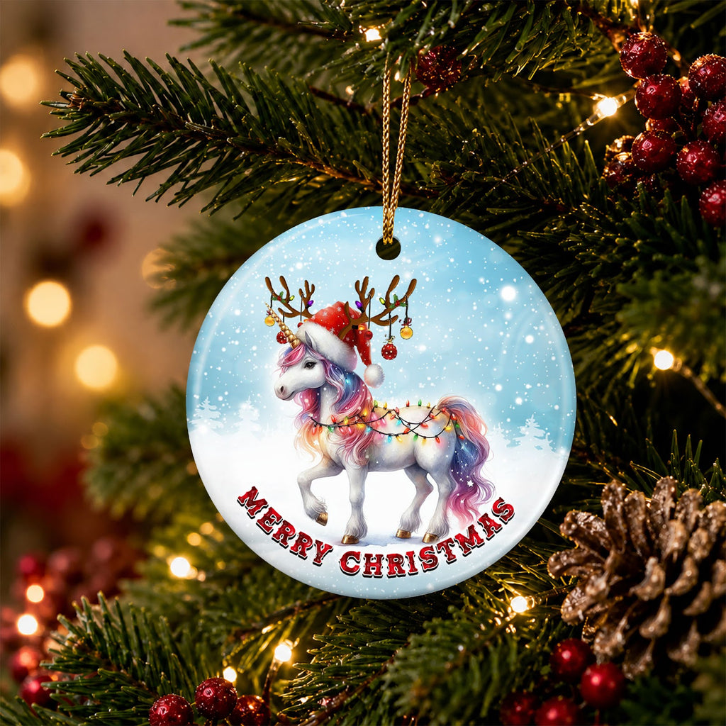 Unicorn Christmas Ornament, Rainbow Mane Girls Gift, Ceramic Hanging Tree Decoration