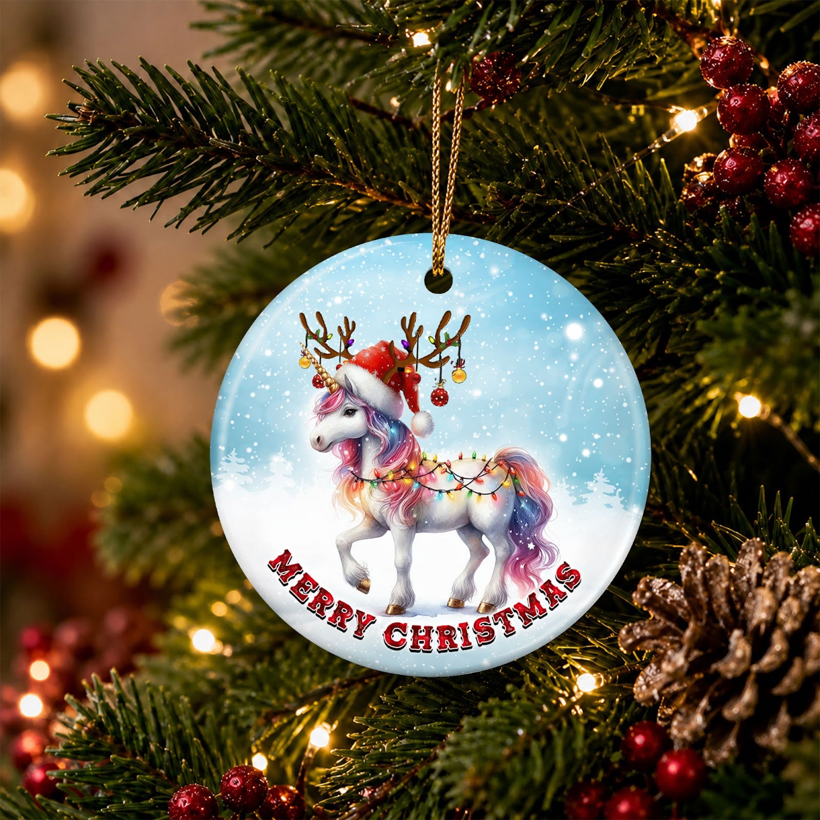 Unicorn Christmas Ornament, Rainbow Mane Girls Gift, Ceramic Hanging Tree Decoration