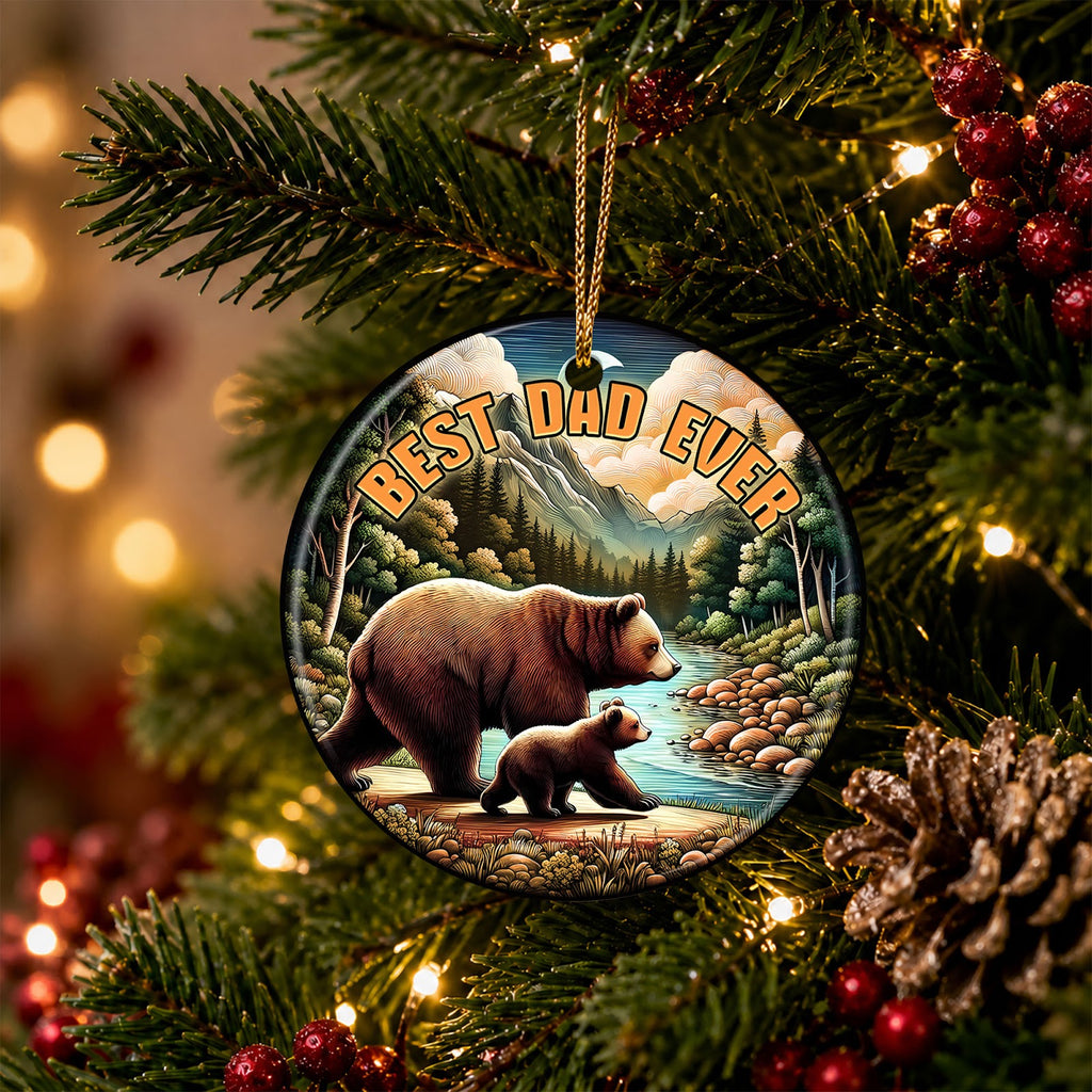 Bear Christmas Ornament, Best Dad Ever Woodcut Gift, Ceramic Hanging Tree Decoration