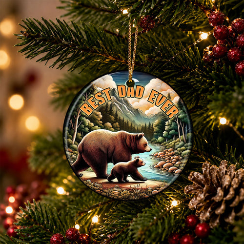 Bear Christmas Ornament, Best Dad Ever Woodcut Gift, Ceramic Hanging Tree Decoration