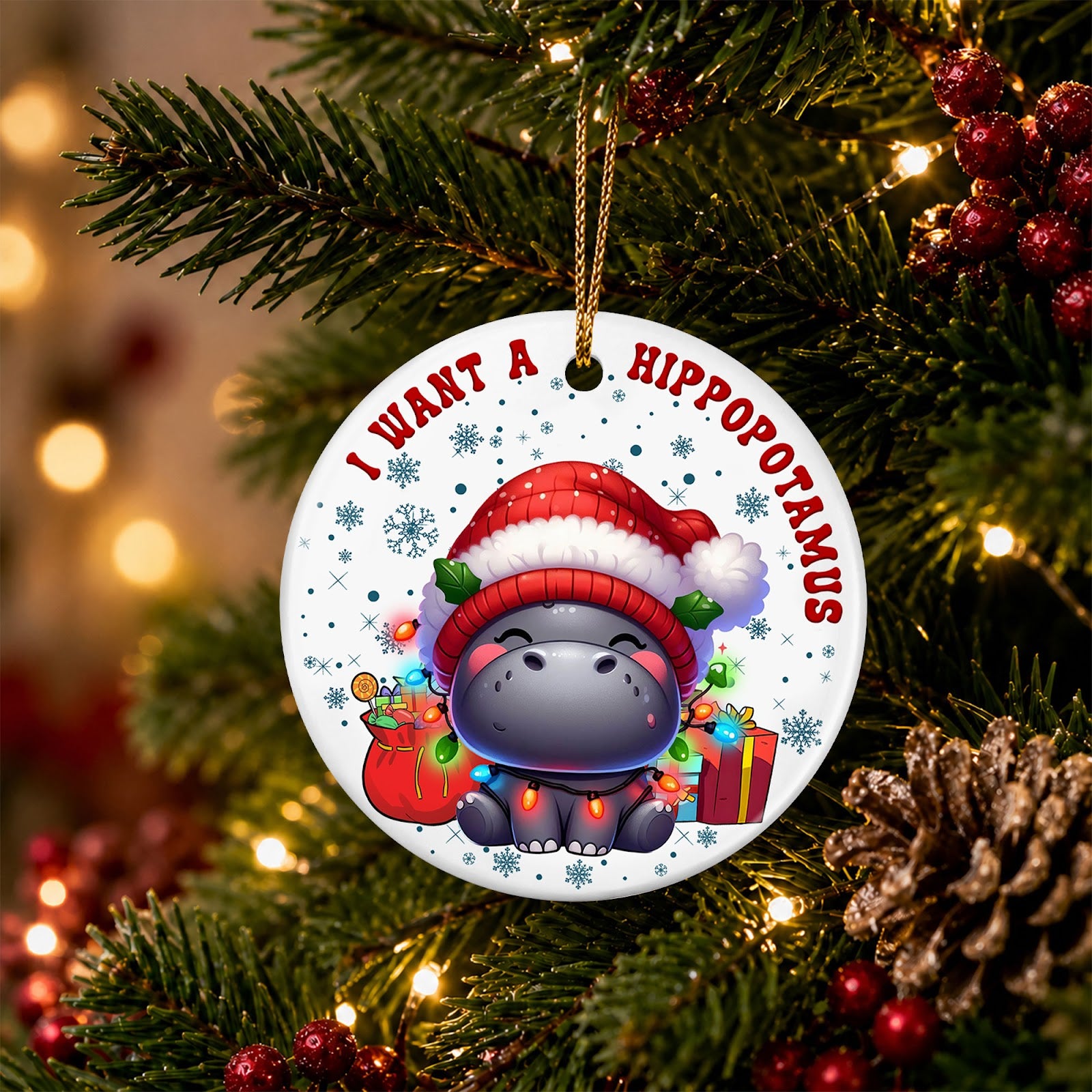 Hippo Christmas Ornament, Cute Chibi Santa Hat Gift Idea, Ceramic Hanging Tree Decoration