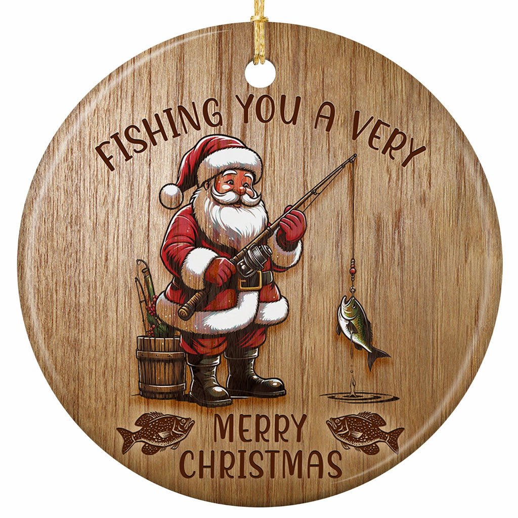 Engraved Santa Landing a Green Fish With a Bucket and Landing Net at His Boot. Ceramic Keepsake for Anglers.