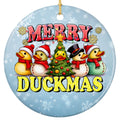 Five Ducks in Santa Hats and Knit Scarves Around a Tiny Tree. Ceramic Keepsake for Duck Collectors.