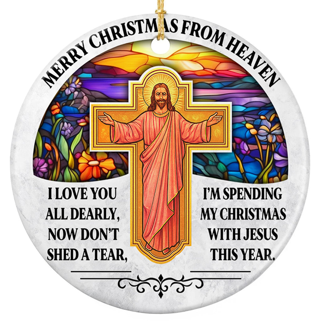 Robed Haloed Figure With Arms Open Before a Glowing Cross on White Marble. Ceramic Remembrance Keepsake.
