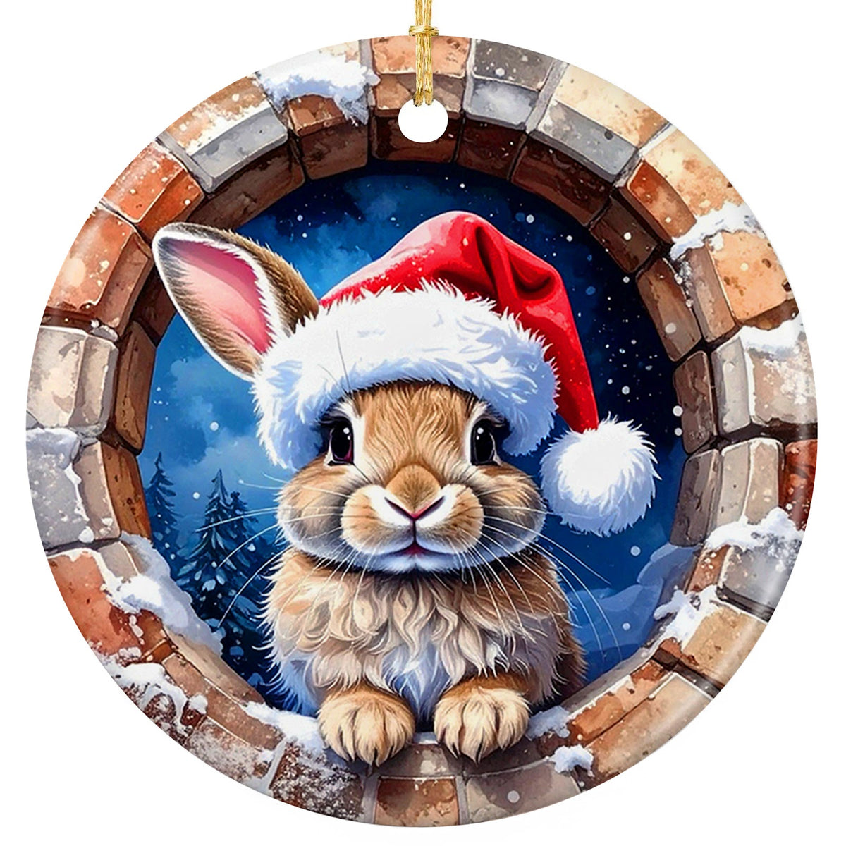 Brown and Cream Bunny in a Santa Hat Peeking From a Snow Covered Stone Arch. Ceramic Keepsake.