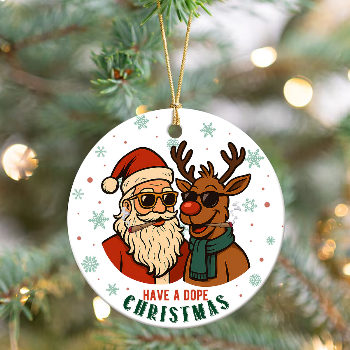 Funny Christmas Ornament, Santa And Reindeer Shades Gag, Ceramic Hanging Tree Decoration
