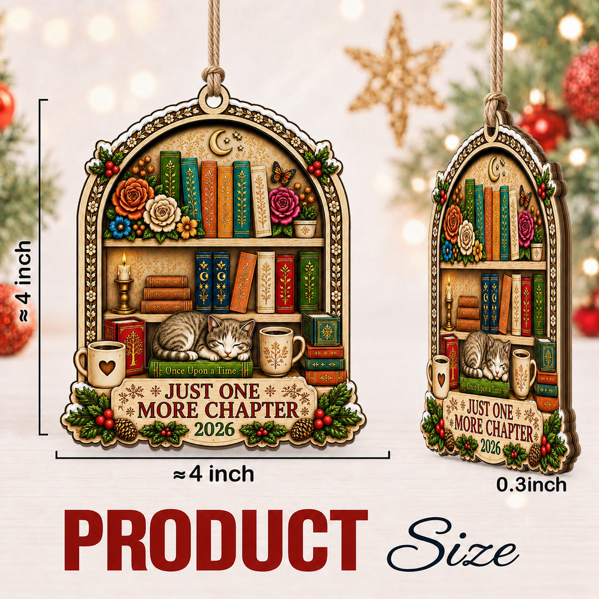 Book One More Chapter Reader Christmas Ornament, Stocking Stuffer For Reader, Wood Ornament