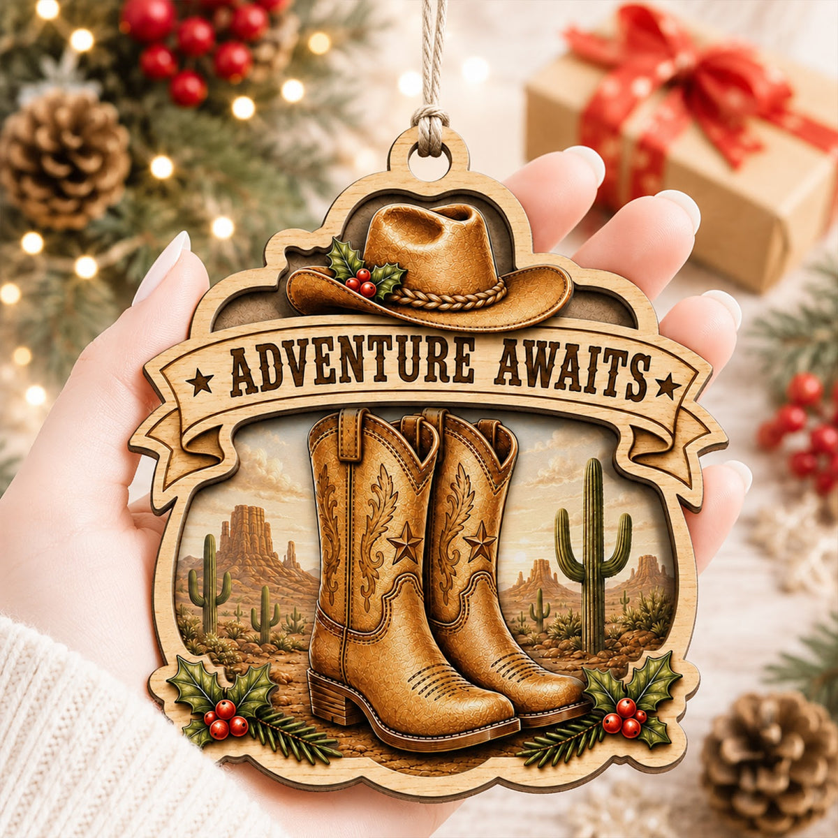 Country Christmas Western Christmas Ornament, Farmhouse Holiday Keepsake, Wood Tree Decoration