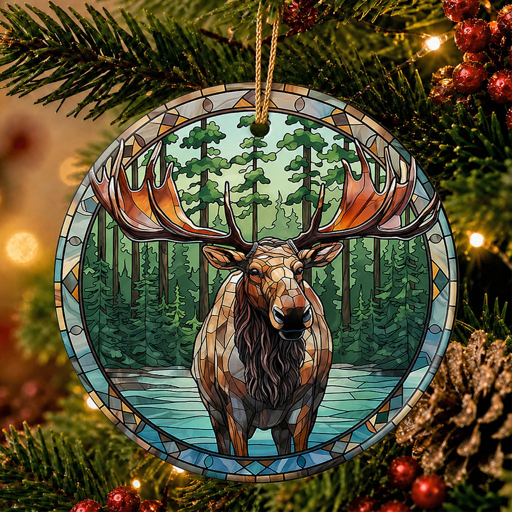 Moose Christmas Ornament, Stained Glass Cabin Lodge Gift, Ceramic Hanging Tree Decoration