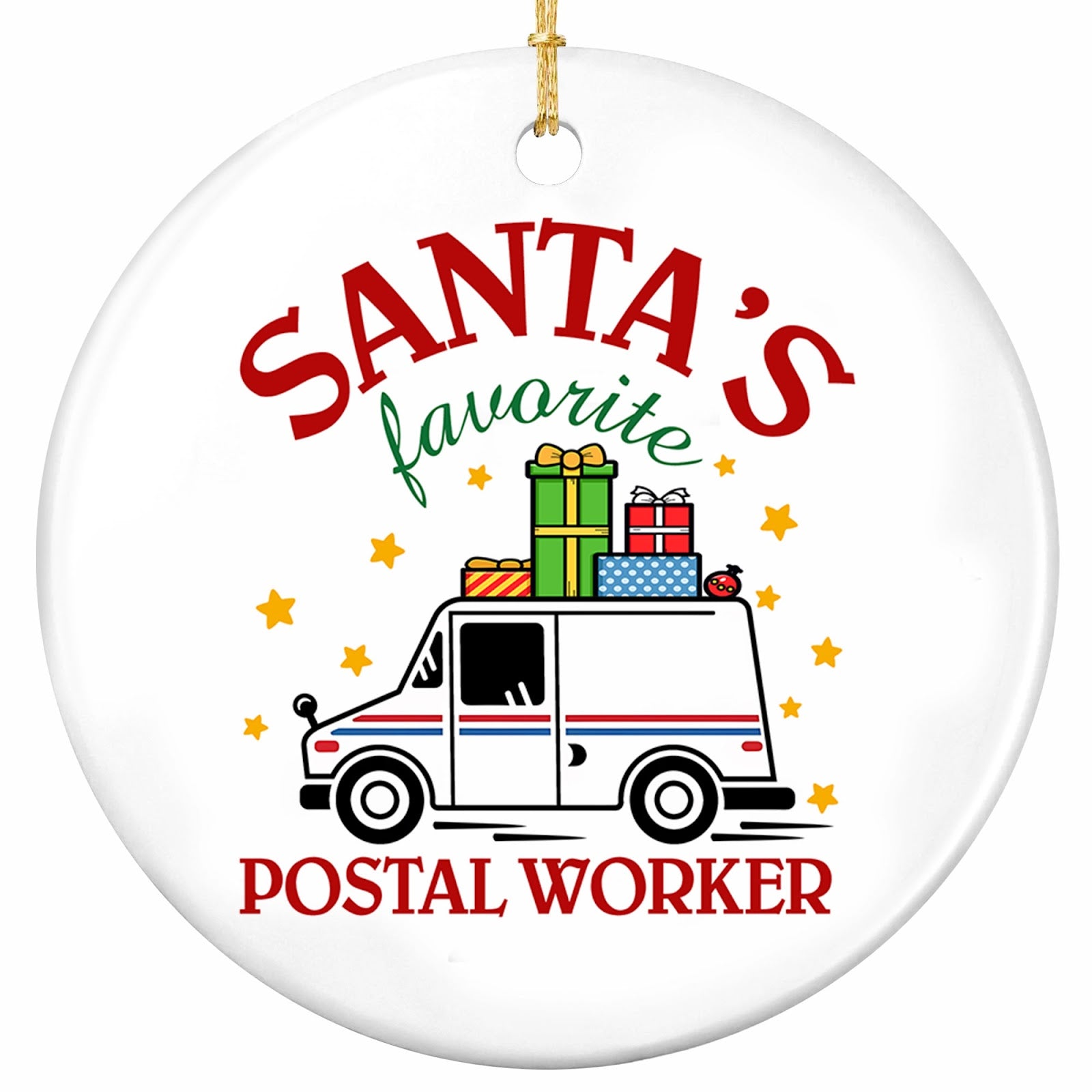 Delivery Van Stacked With Wrapped Gifts on the Roof Among Gold Stars. Ceramic Keepsake for Your Mail Carrier.
