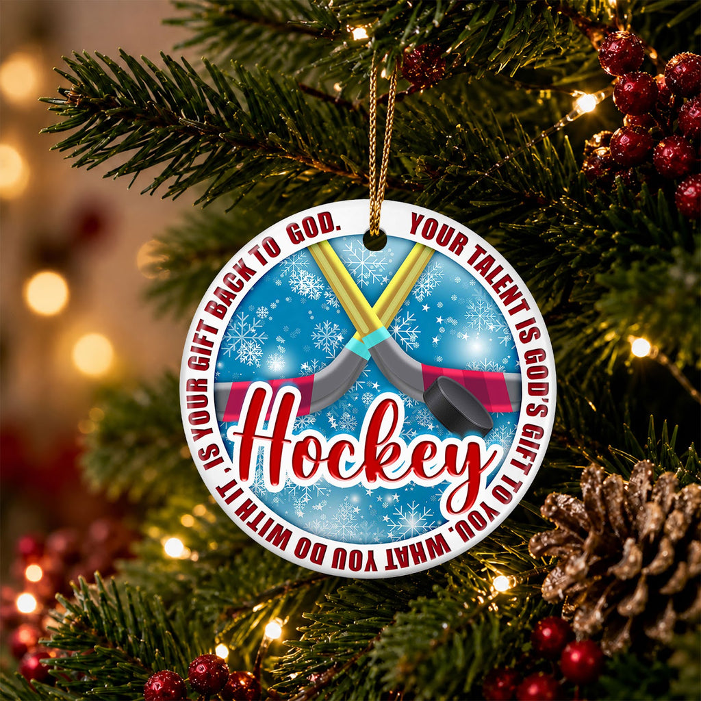 Hockey Christmas Ornament, Faith Talent Is A Gift Idea, Ceramic Hanging Tree Decoration