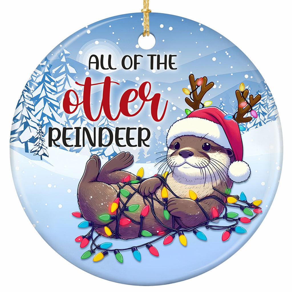 River Otter on Its Back Tangled in Bulb Lights With Antlers Poking Through a Santa Hat. Ceramic Keepsake.