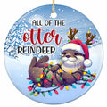 River Otter on Its Back Tangled in Bulb Lights With Antlers Poking Through a Santa Hat. Ceramic Keepsake.