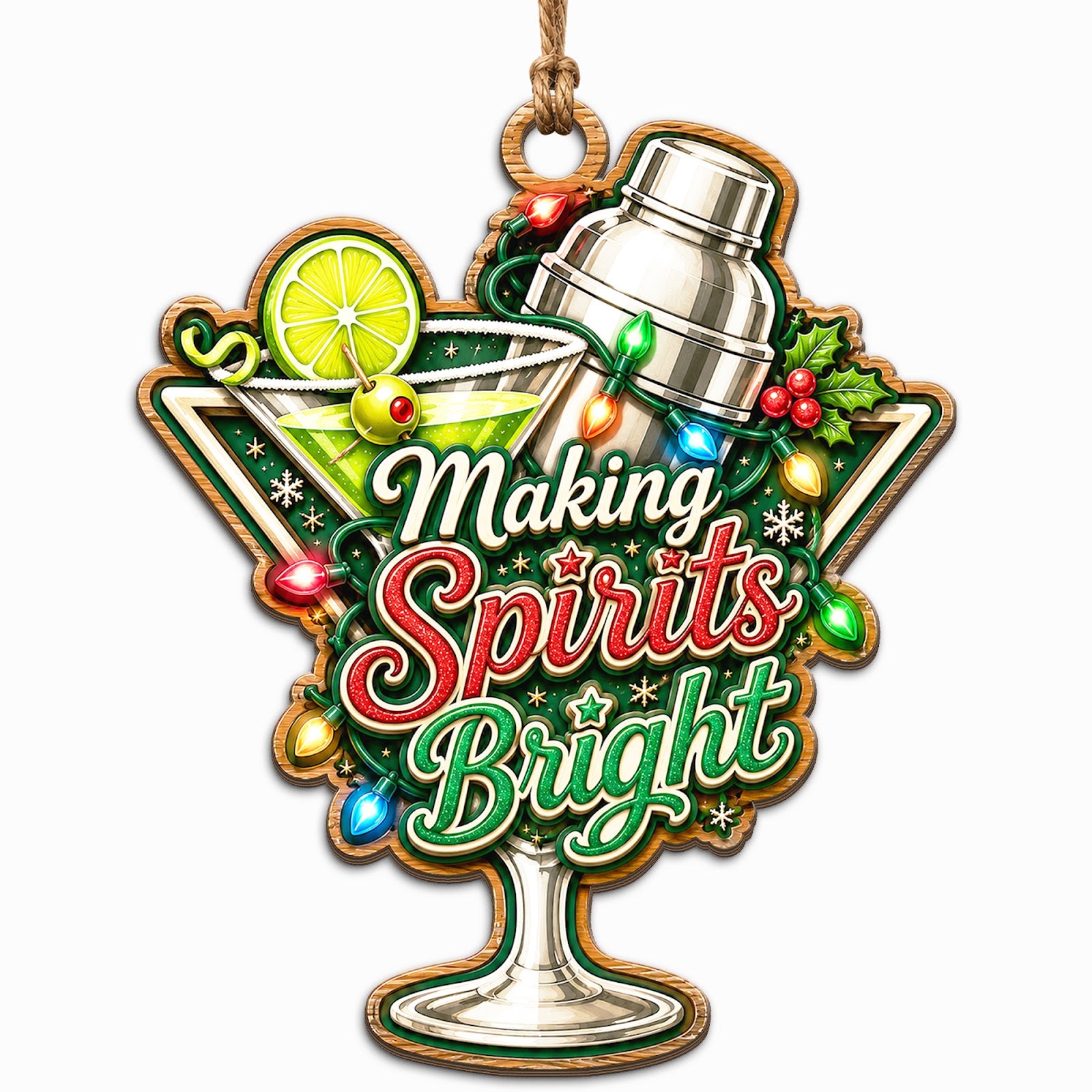 Shows a Martini Glass and Cocktail Shaker Wrapped in String Lights and Holly. Gift for Bartenders and Mixologists.