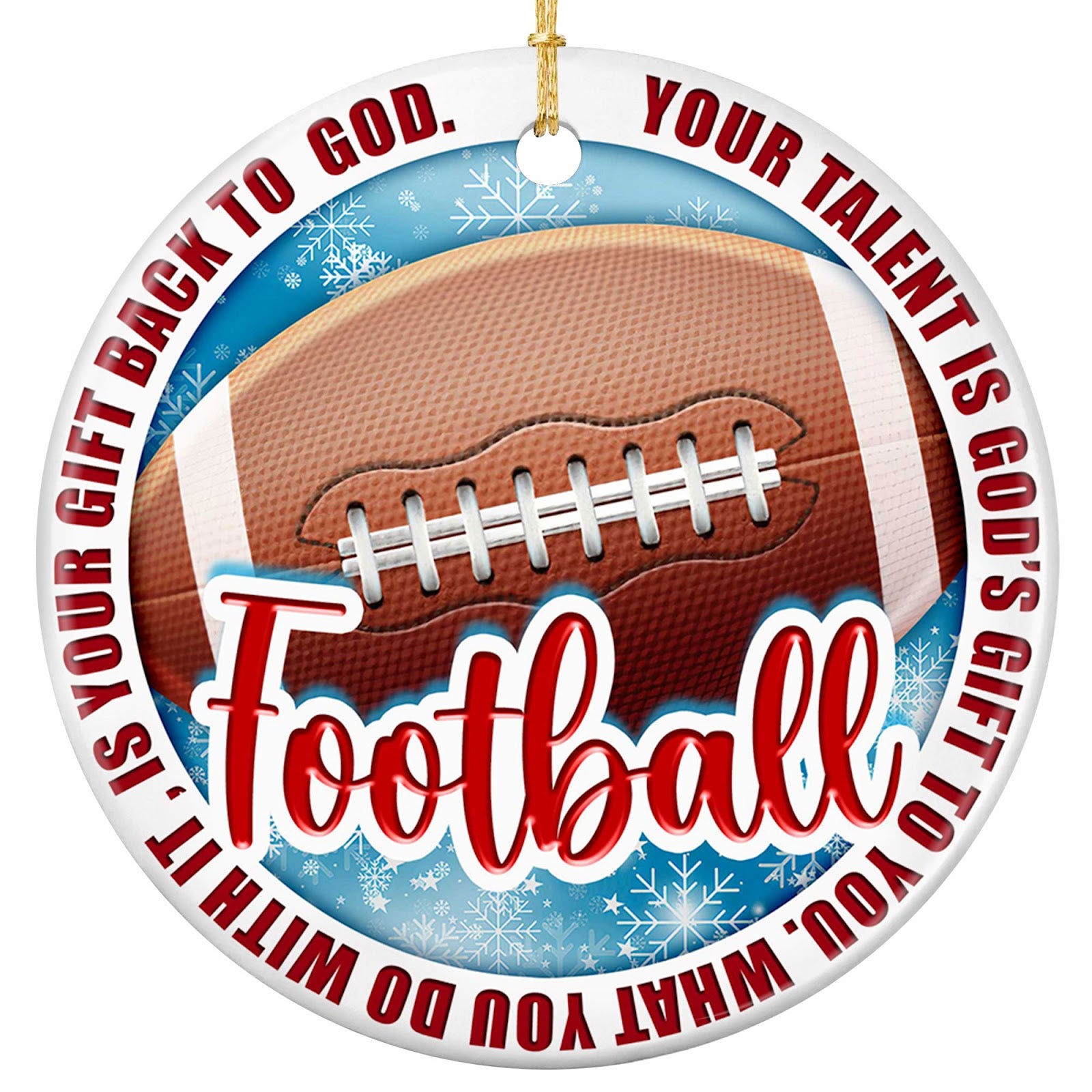 Your Talent Is God's Gift to You. Pebbled Football on Icy Blue, Ceramic Keepsake for Christian Players.