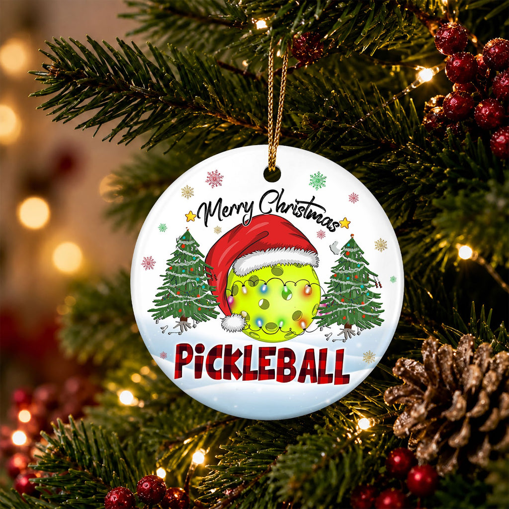 Pickleball Christmas Ornament, Ball In A Santa Hat Player Gift, Ceramic Hanging Tree Decoration