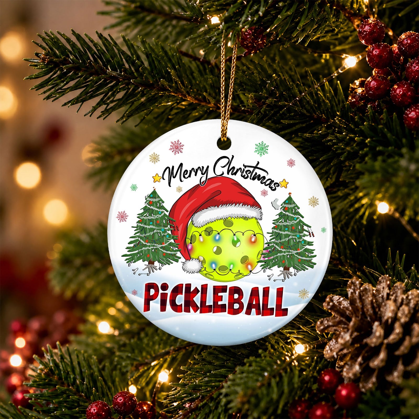 Pickleball Christmas Ornament, Ball In A Santa Hat Player Gift, Ceramic Hanging Tree Decoration