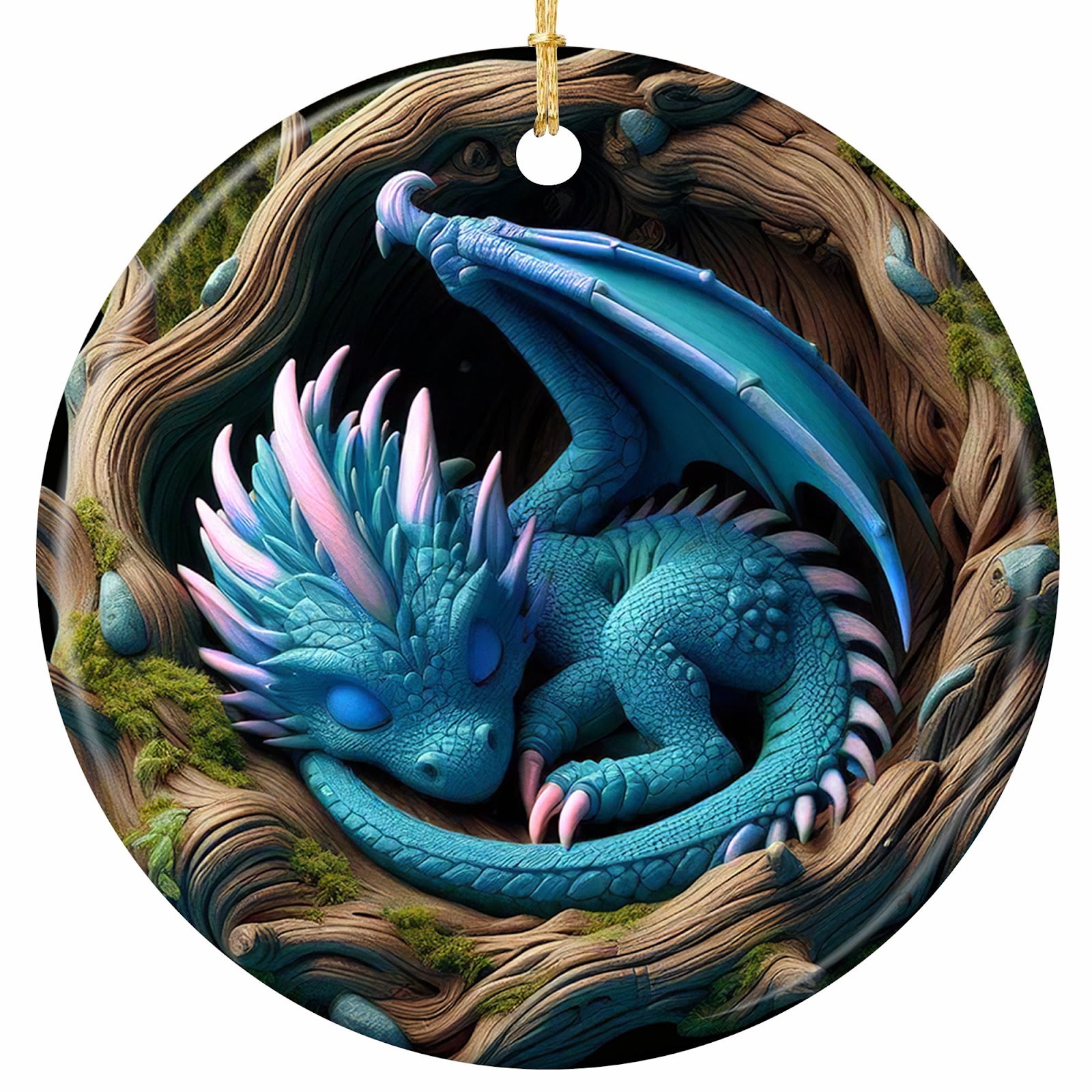 A Teal Baby Dragon Curled in a Driftwood Hollow With Pink Spines and Glowing Eyes. Ceramic Keepsake.