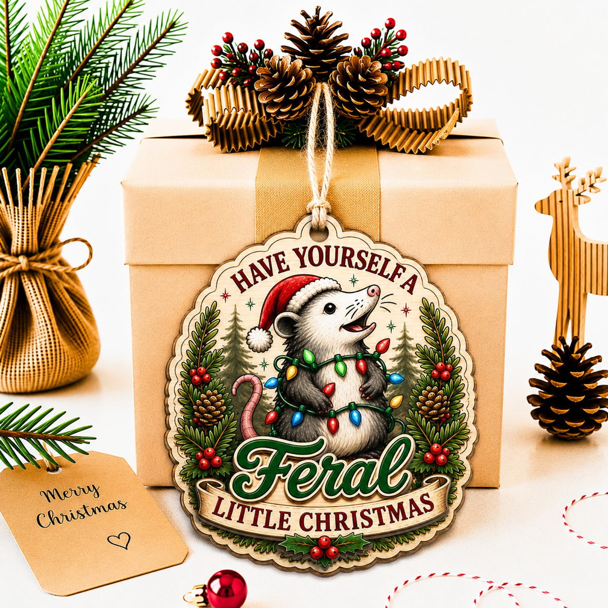Opossum Christmas Ornament, Stocking Stuffer For Quirky Animal Lover, Wood Tree Decoration