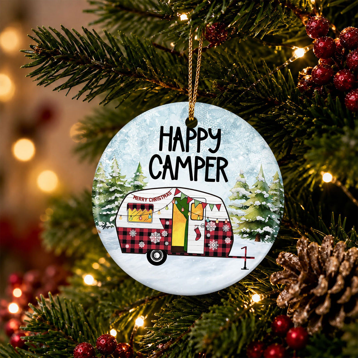 Camper Christmas Ornament, Happy Camper Buffalo Plaid, Ceramic Hanging Tree Decoration