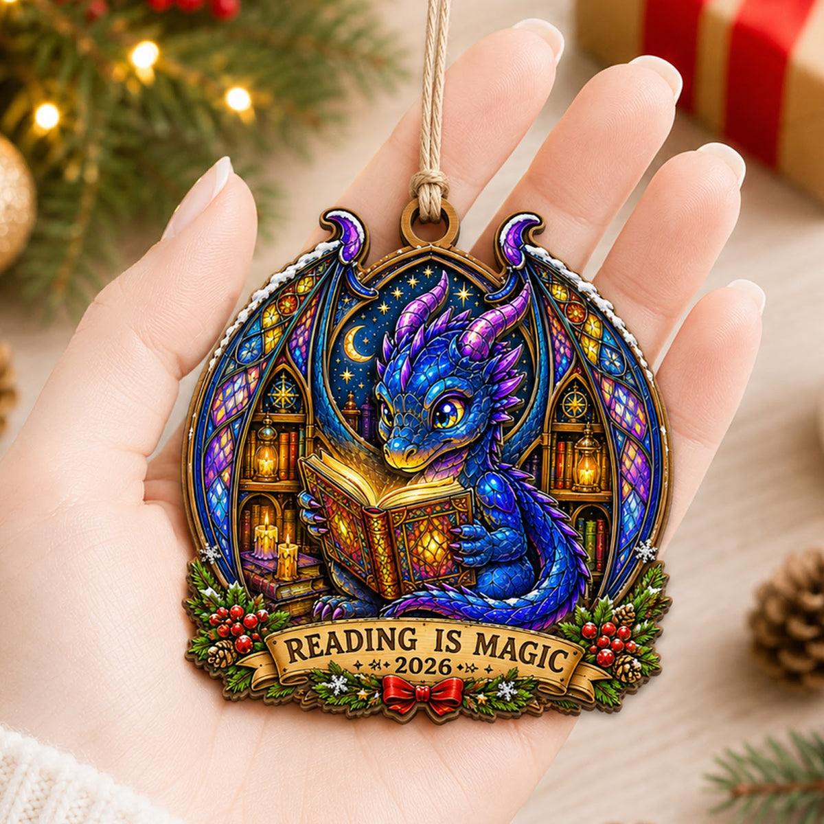 Dragon Book Fantasy Magic Christmas Ornament, Stocking Stuffer For Dragon Fan, Wood Ornament