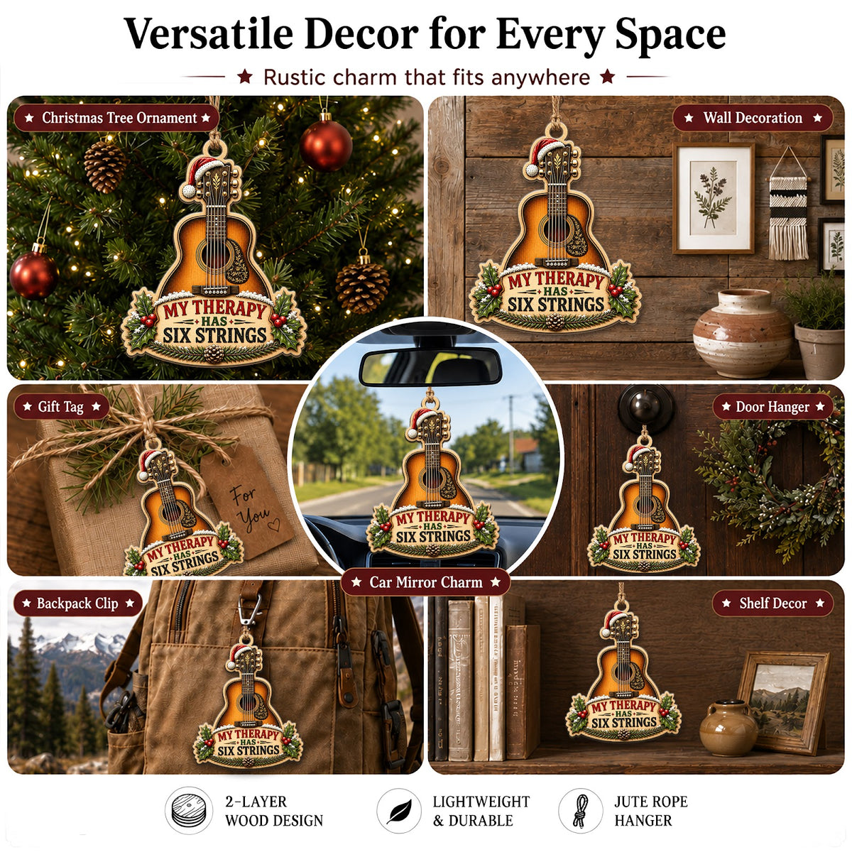 Guitar Christmas Ornament, Stocking Stuffer For Guitarist, Wood Hanging Tree Decoration