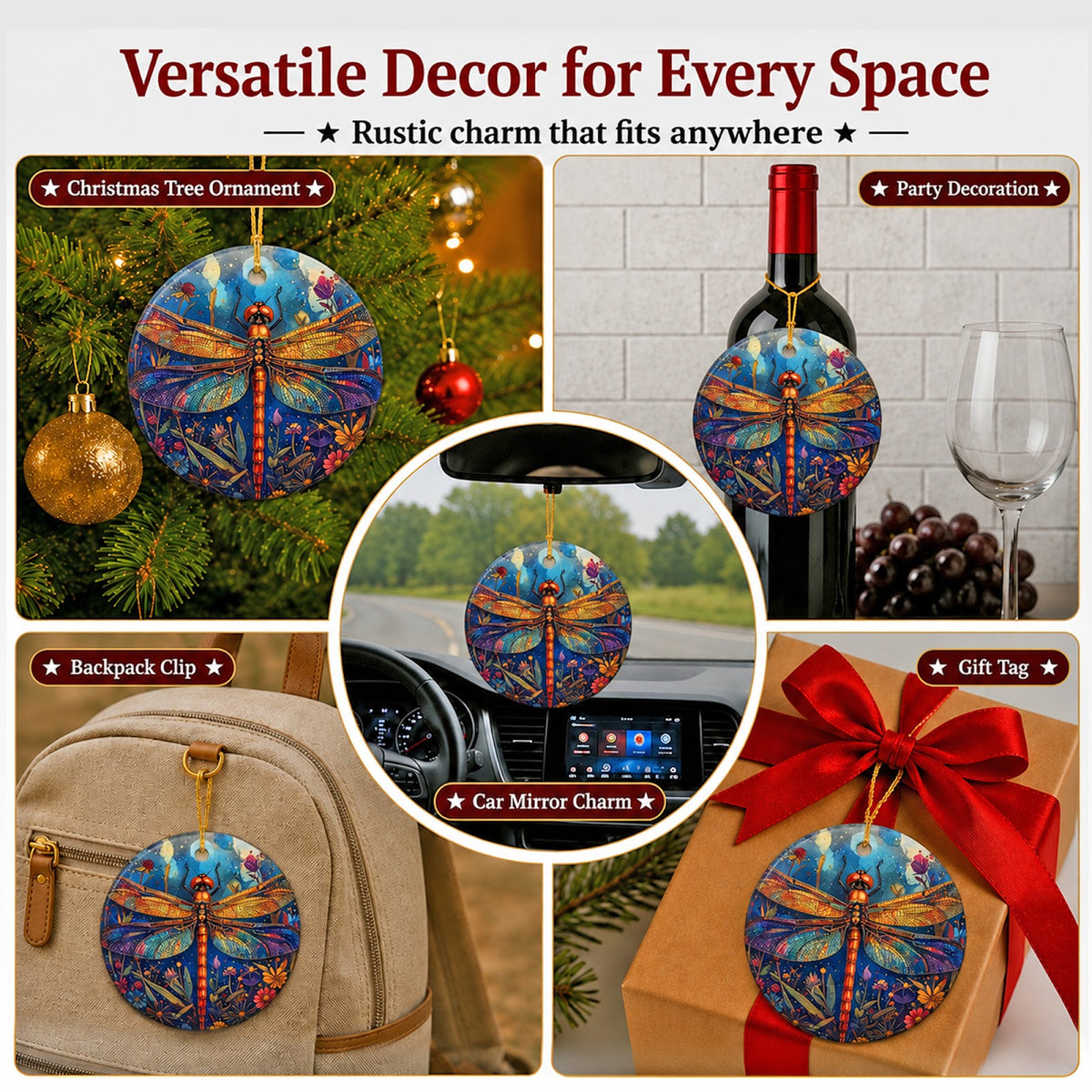 Dragonfly Christmas Ornament, Wildflower Starry Nature Gift, Ceramic Hanging Tree Decoration