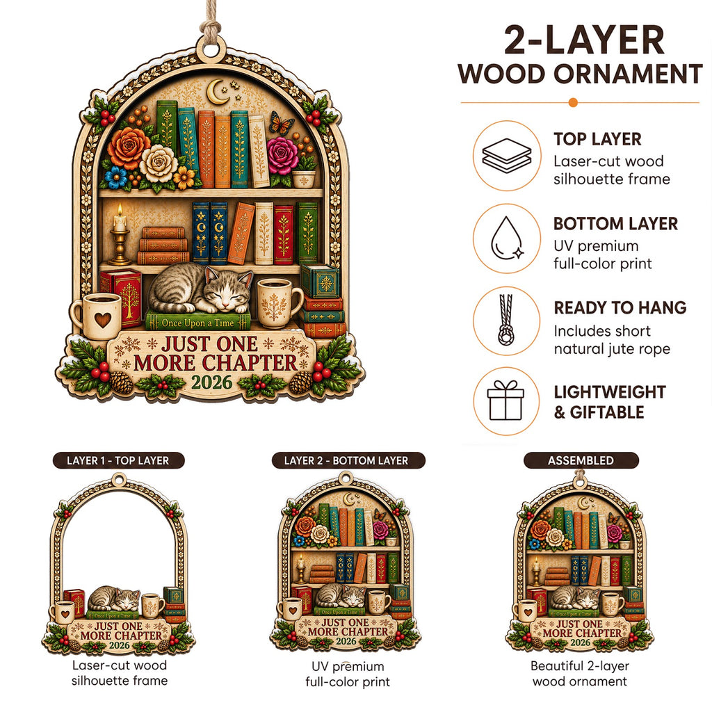 Book One More Chapter Reader Christmas Ornament, Stocking Stuffer For Reader, Wood Ornament